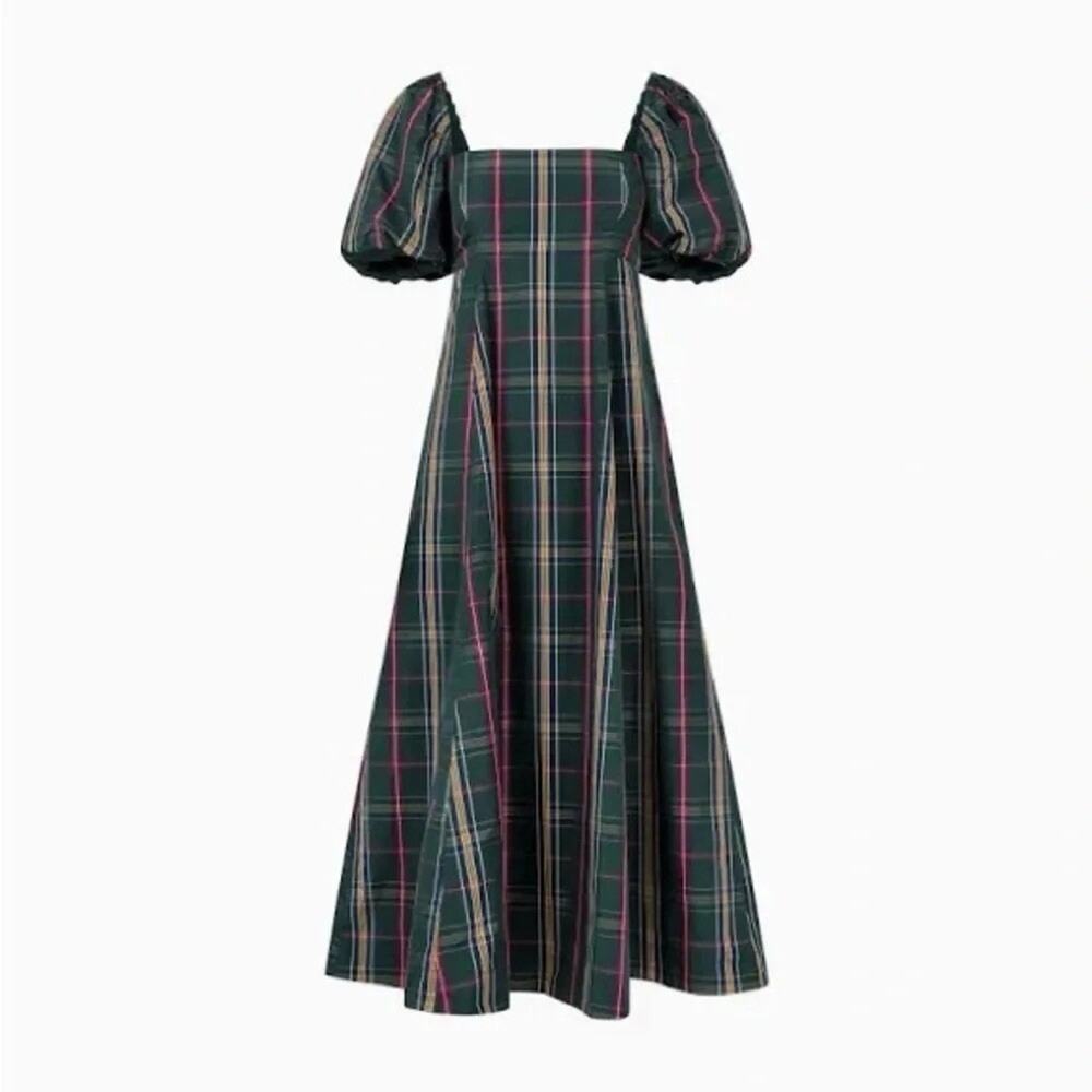Hill House Matilda Dress Green Tartan Plaid Puff Sleeve Midi Size M - Picture 4 of 11